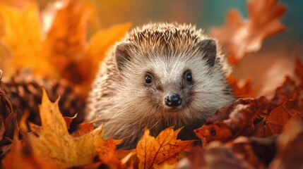 Fototapeta premium A small hedgehog explores a pile of vibrant autumn leaves, surrounded by shades of orange, red, and yellow in a serene forest. The scene captures the essence of fall.