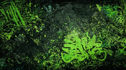 Abstract urban decay canvas showcases neon green graffiti patterns, with splattered and textured effects in a dark, grungy, high contrast
