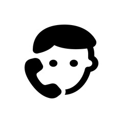 Illustration of a person with a telephone receiver next to their face in black and white color scheme icon