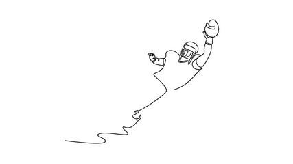 Animated self drawing of continuous line draw front view young American football player catches the ball and flies in the air. Professional career of sport male person. Full length one line animation
