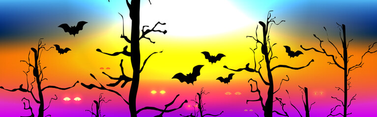 Naklejka premium Halloween banner background design tree with bats silhouette on horror sky color. Vector illustration.