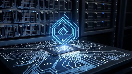 Futuristic server room with glowing CPU chip and circuit board, showcasing advanced technology and computing power in data center. - Powered by Adobe