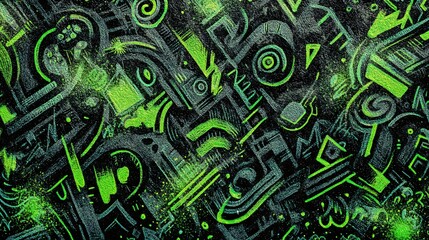 Intricate neon green graffiti intertwines across a dark, textured background, creating an urban, grungy feel with chaotic yet mesmerizing