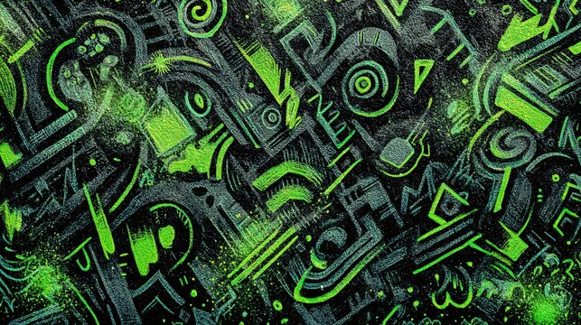 Intricate neon green graffiti intertwines across a dark, textured background, creating an urban, grungy feel with chaotic yet mesmerizing