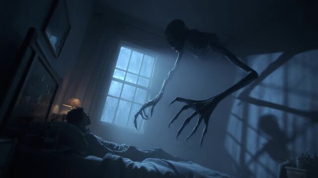 Nightmare Visage: A lone person lies in a bed as a scary monster with long, pointed fingers and a gaunt body, appears in the darkness of a moonlit room. Representing terror and the depths of fear.