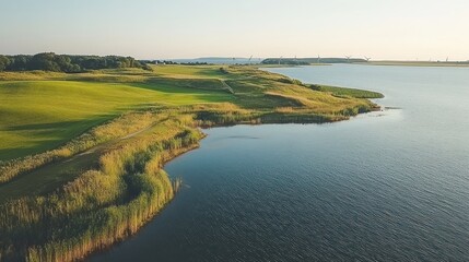 Fototapeta premium Panoramic view of a golf course by a lake
