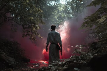 Obraz premium Man stands in a forest surrounded by colorful smoke during a serene moment at dusk