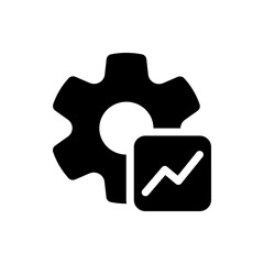 Gear icon with central circle and adjacent square displaying a rising line graph in a solid black color scheme