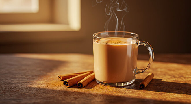 Steaming Mug of Chai Tea with Cinnamon Sticks on Wooden Surface.