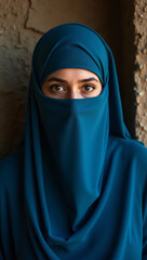 Naklejka premium A portrait of a woman in a teal hijab and a veil that reveals her expressive eyes against a textured stone wall