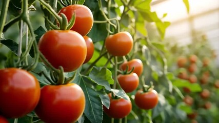 Rows of vibrant tomato plants thriving inside a greenhouse, highlighting the essence of agriculture and modern farming practices - Powered by Adobe