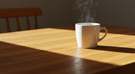 Steaming White Coffee Mug on Wooden Table in Sunlight.
