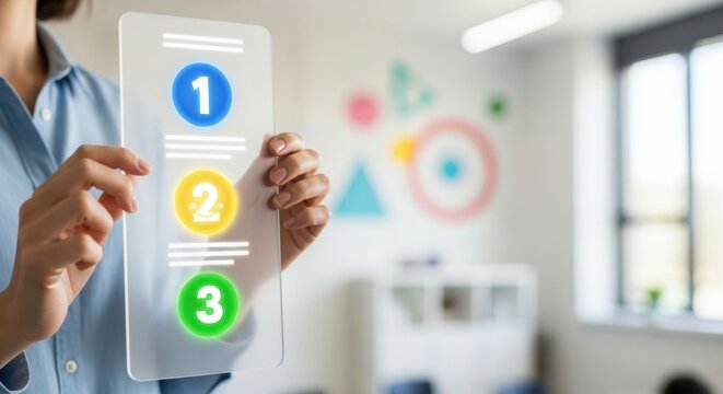 Woman Holding Transparent Screen with Steps - Minimalist design