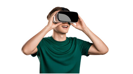 A young man is captured in a dynamic moment, wearing a sleek virtual reality (VR) headset and headphones, with one hand adjusting the device