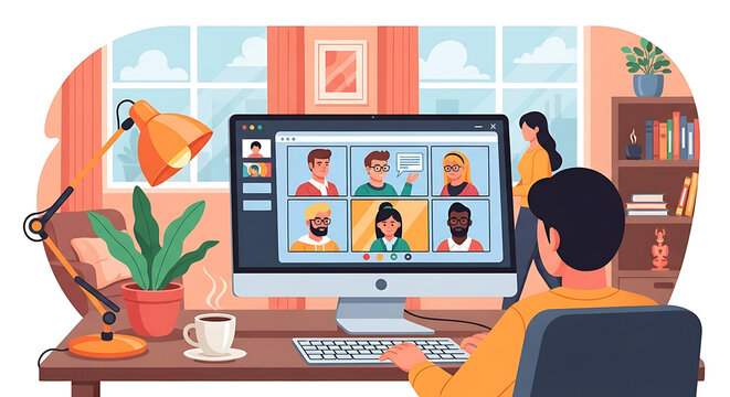 A vector illustration depicting a person is conducting a video conferencing from his home or office, with a computer screen display showing several other participants in a group call. The concept of r