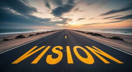 The word vision painted on a long asphalt road leading towards a beautiful sunset over the ocean horizon isolated on transparent background