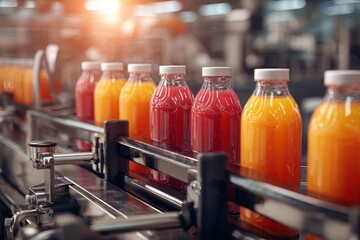 Modern production line for bottling and packaging various beverages in a high-tech facility during daytime operations