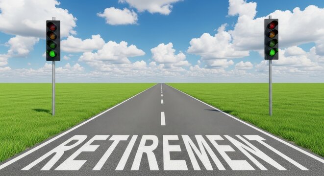 The word retirement painted on an asphalt road leading to a bright horizon with traffic lights and a green grassy field isolated on transparent background - Powered by Adobe