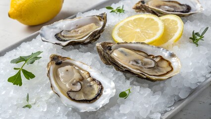 Fresh Oysters on Ice with Lemon Slices and Herbs: Gourmet Seafood Platter, Close-up