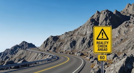 Yellow warning sign on a winding mountain road indicating reality check ahead with a speed limit of sixty isolated on transparent background