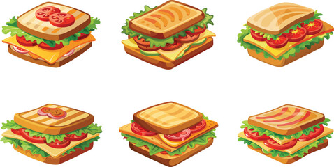 Isometric sandwiches with various toppings and fillings on a white background