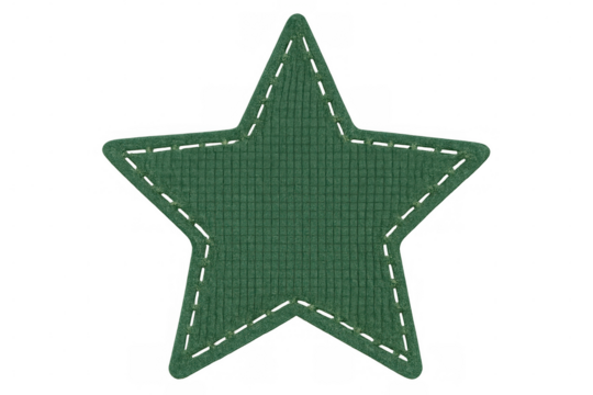 Green felt star with visible stitches on transparent background
