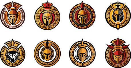 A Collection of Eight Logos Featuring Spartan Helmets with Ornamental Borders