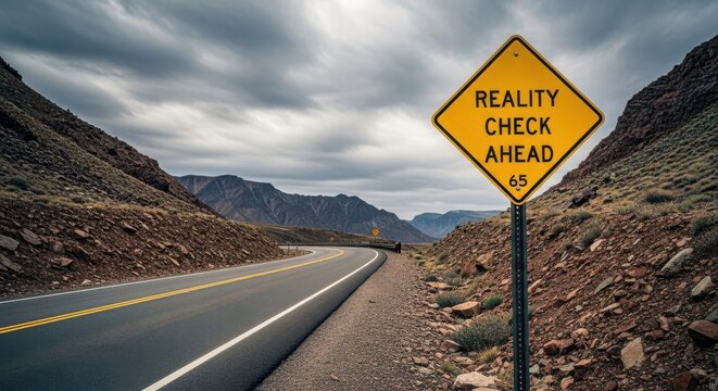 Yellow diamond shaped road sign warning of a reality check ahead on a desolate mountain highway under a dramatic cloudy sky isolated on transparent background