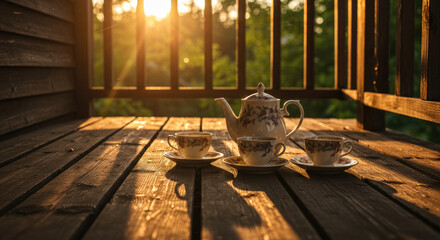 Tea Time on a Wooden Deck at Sunset.