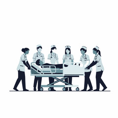 A team of dedicated nurses transports a patient on a stretcher, illustrating essential medical care and collaborative healthcare support in a minimalist style.
