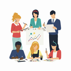 Diverse business team collaborating on project development and data analysis in a creative modern office environment illustration.