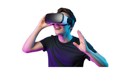 Young Man Experiencing Virtual Reality on White Background