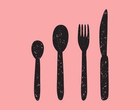 silverware spoon, tablespoon and teaspoon, fork and knife textured grunge icon silhouette set. 