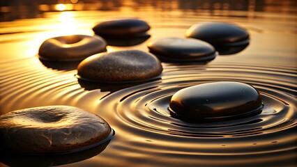 Smooth stones rest on the surface of water, creating ripples under the warm glow of sunset
