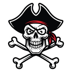 A cartoon-style pirate skull wearing a hat and red bandana, with crossed bones behind it.
