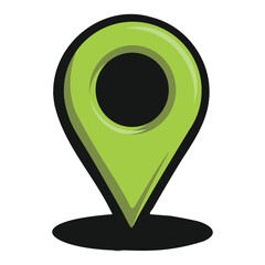 A green cartoon-style location pin icon with a black center illustration