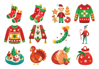 A Vector Cheerful Christmas Icons: Festive Red and Green Flat Design Elements for Holiday Celebrations. on white background 