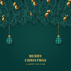 Merry Christmas Happy New Year 2026 blue background, Fir tree branches, Vector illustration. Bauble, confetti decor. Gift card, sale poster, party banner