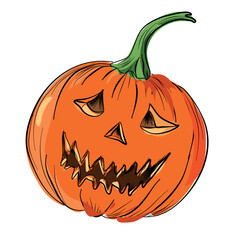 Halloween pumpkin with carved face hand drawn illustration