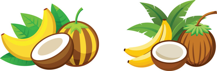 Cartoon tropical fruit arrangement featuring bananas, coconuts and green leaves on white