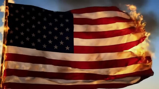 Burning US flag outdoors, smoky sky; protest image