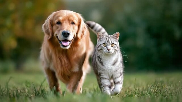 A Bond of Friendship: A golden retriever and a tabby cat form an unlikely duo as they run together in perfect harmony across a verdant field, embodying a sweet and joyful friendship.