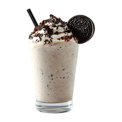 Delicious milkshake with whipped cream chocolate cookie crumbs and a cookie on top in a glass with a straw