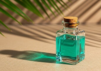 Small glass bottle with turquoise liquid and cork, featuring palm leaf shadows for a natural feel.

