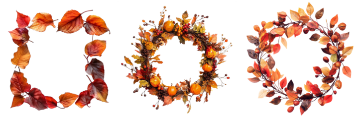 Autumn Wreath Set Isolated on Transparent Background. PNG