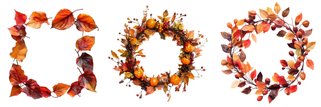 Autumn Wreath Set Isolated on Transparent Background. PNG