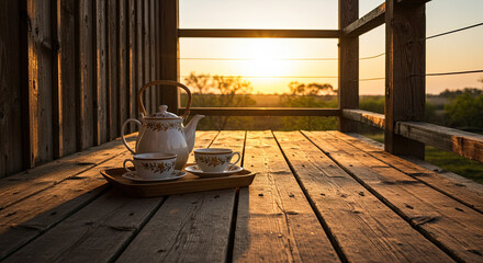 Tranquil Tea Time on a Wooden Deck at Sunset.