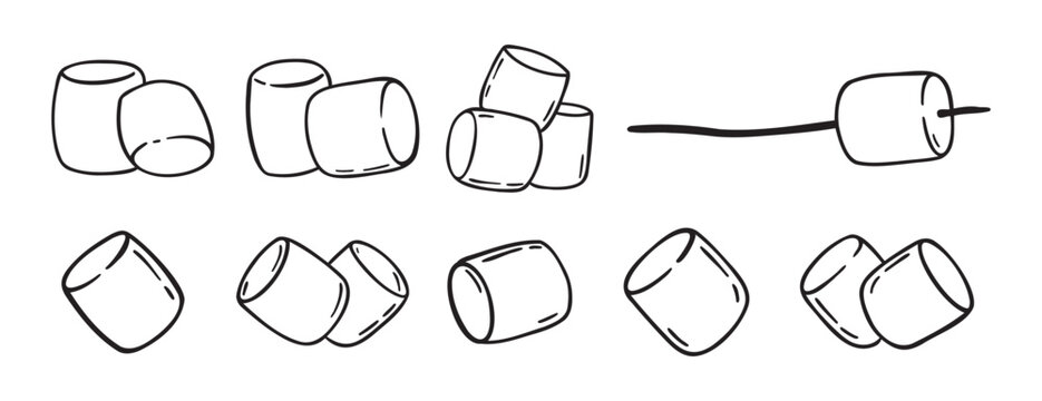 Marshmallows doodle hand drawn icon set. Outline drawing marshmallow line clipart symbol collection