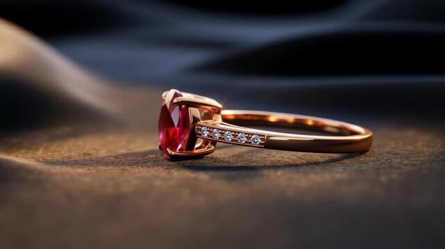 Elegant gold ring with a large oval ruby gemstone on a dark silky surface, jewelry and luxury, beautiful gift concept.