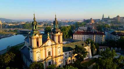 Fototapeta premium Drone view of European city tourism old town Krakow Poland